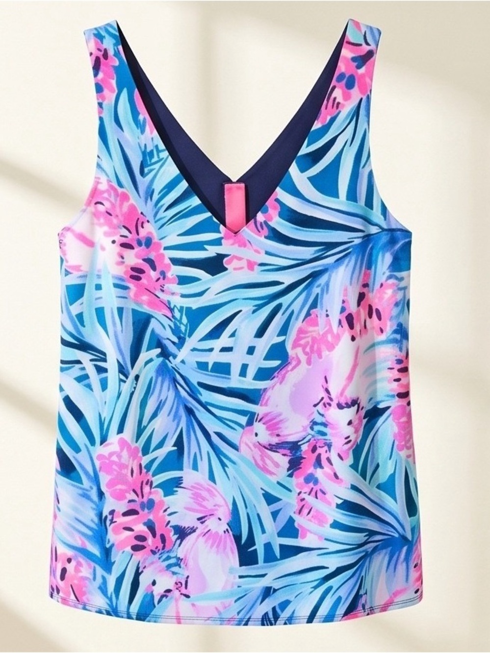 Lilly Pulitzer Florin Reversible V-Neck Tank Top Floral Tropical/Navy & Pink XL